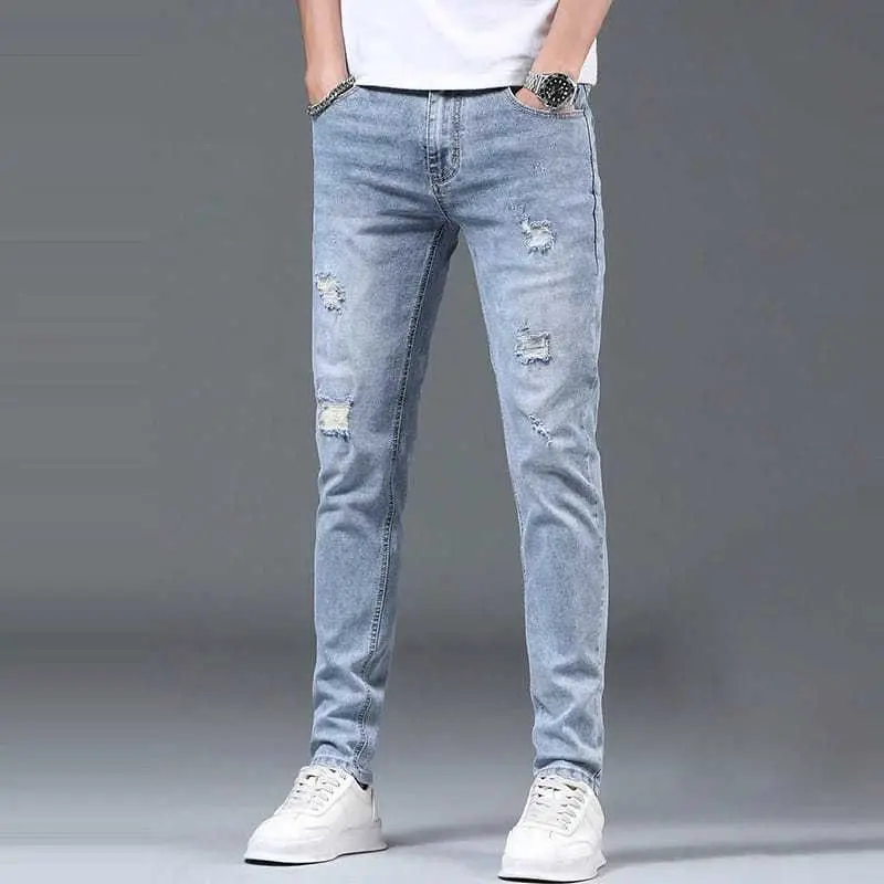 Celana jeans pria sobek abu grey slimfit stretch panjang cowok ripped celana denim dewasa robek skinny pensil korea style 1
