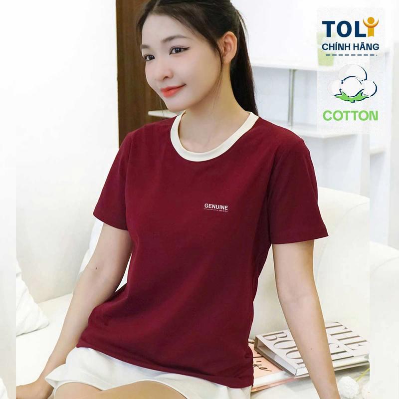 Áo thun nữ TOLI PSM36 – Cổ tròn phối viền sang in chữ GENUINE tinh tế form vừa đẹp cotton mềm mịn