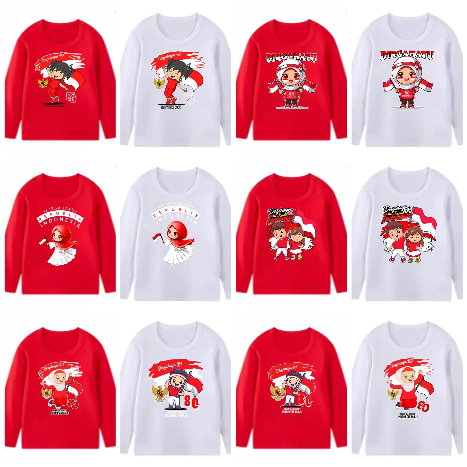 Atasan Anak Lengan Panjang Unisex/Kaos Anak Cewek Cowok/Baju 17 Agustusan Hari Kemerdekaan Indonesia 3-14 Tahun Fashion