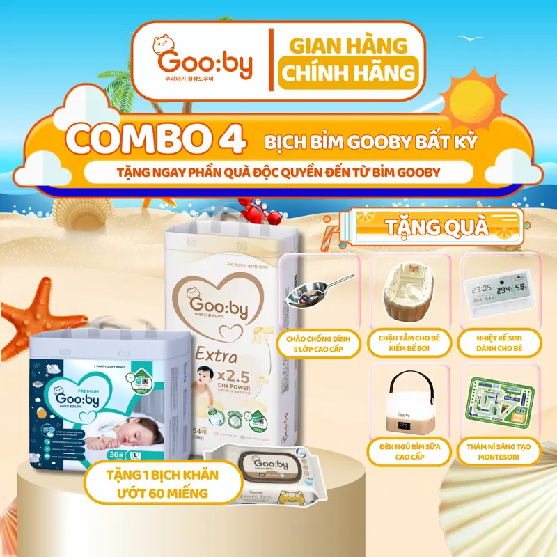 [Combo 4] Tã/Bỉm Gooby Ngày / Đêm mềm mại, an toàn, siêu thấm hút size NB/S/M/L/XL/XXL/XXXL cho bé từ 4kg - 35kg + TẶNG QÙA 0