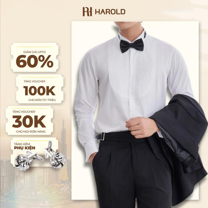 Áo Sơ Mi Nam Trắng Dài Tay Cao Cấp Harold Tuxedo Season 2 + Cufflinks Kiểu Pháp Đám Cưới Thiết Kế Sang Trọng Vải Cotton Thoáng Mát, Co Giãn Chống Nhăn, Đứng Form Slimfit Tôn Dáng, Thanh Lịch - Hàng Cao Cấp