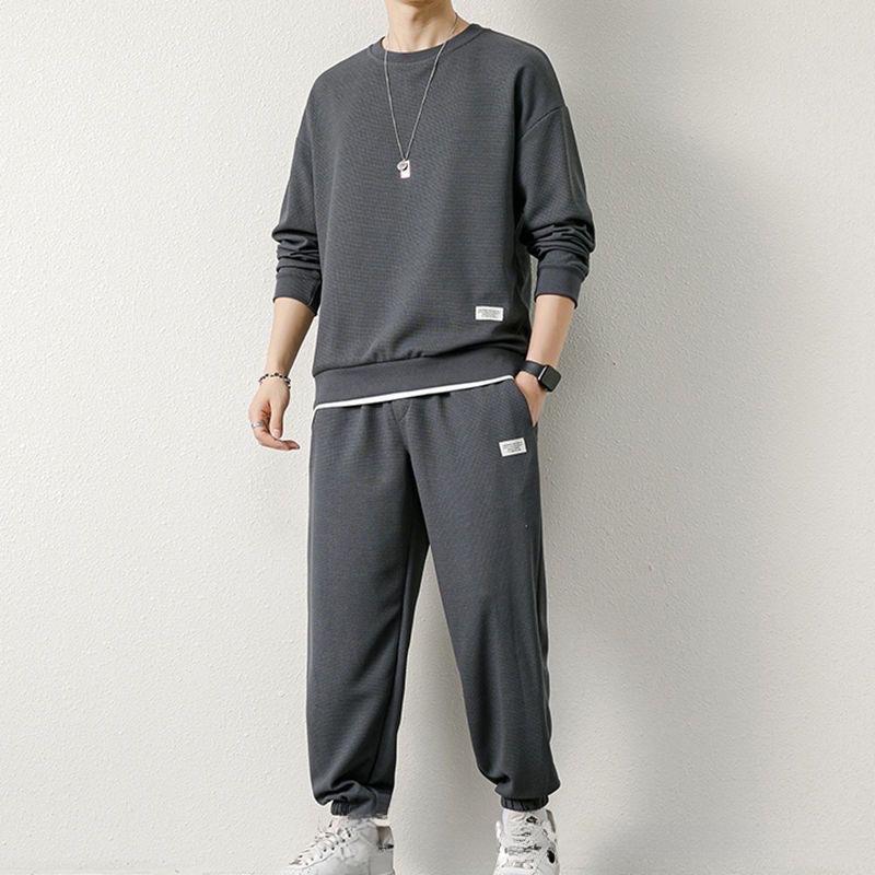 Product Introduction of Waffle Sweater Suit Loose Casual Autumn and Winter New round Neck Men's Long-Sleeved Trousers Teen Clothes 8