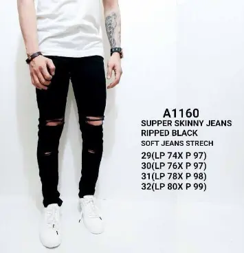 Celana Jeans Pria Handmad Bandung dengan Gaya Sobek Lutut yang Stylish Ripped Panjang Slimfit Tebal Skinny Hitam Stretch Pensil Denim Hitam celana Pendek Dewasa Distro 2