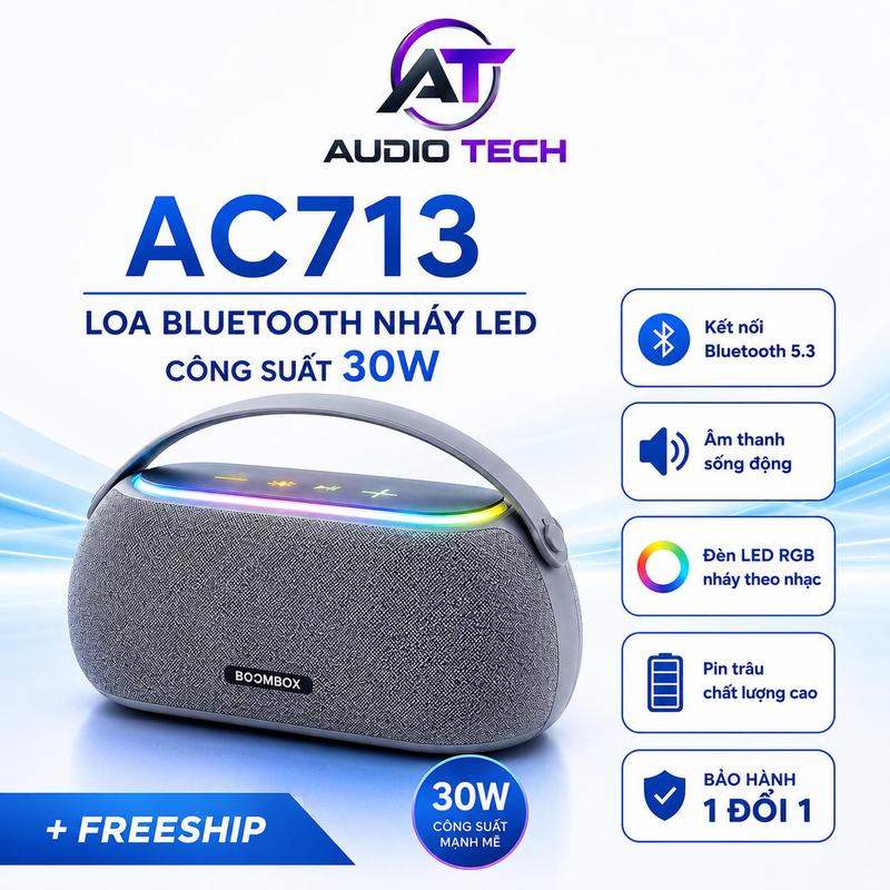 Loa Bluetooth Boombox AC713 Công Suất 30W-Pin Cực Trâu-Bass Mạnh-Âm Thanh Lớn Trong-Có Đèn LED