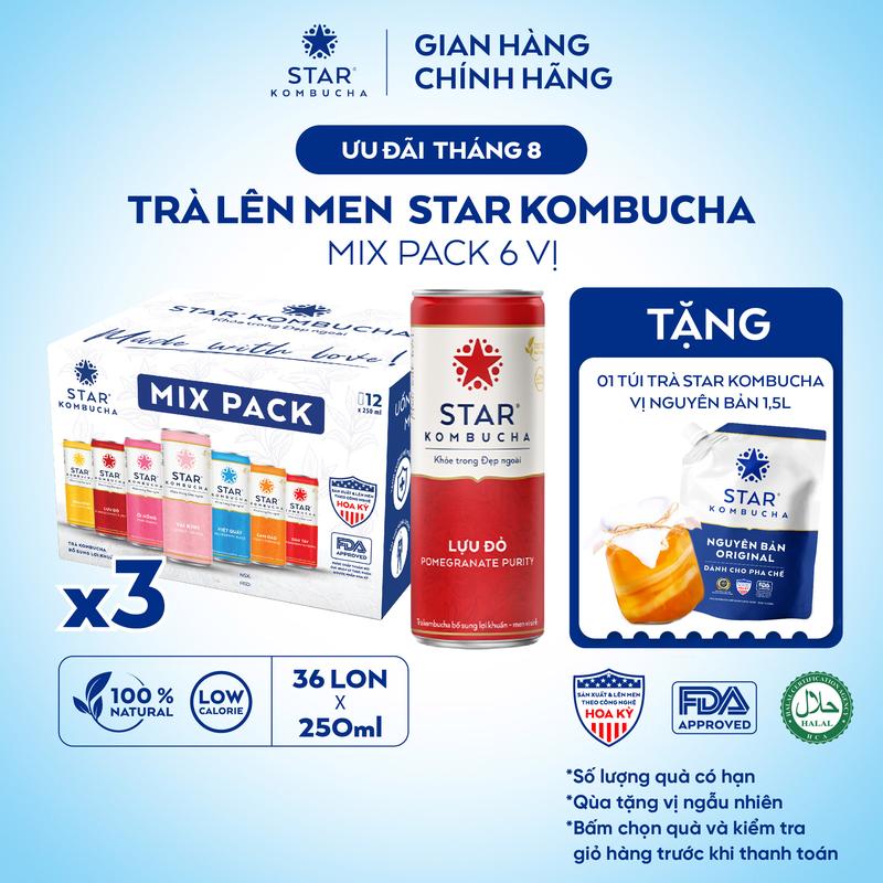 Combo 3 thùng 12 lon trà lên men STAR KOMBUCHA mix 6 vị 36 lon x 250ml - Kiểm tra quà tặng trước khi thanh toán