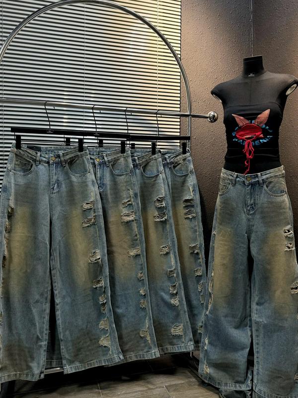 KGi-GZ Quần Jean Suông Dài (Quảng Châu) Rách 2 Bên Ống Wax Màu Nâu Cam - 8295 / J653 Nữ Women