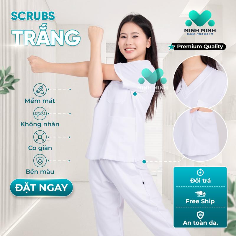 Bộ scrubs bác sĩ cổ tim MÀU TRẮNG đồng phục y tế spa thẩm mỹ viện M Hooded