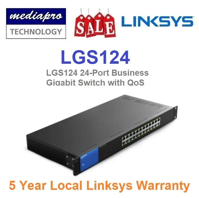 Linksys LGS124 24-port Business Gigabit Switch with QoS, Rackmount Kit - 5 Year Local Linksys Warranty