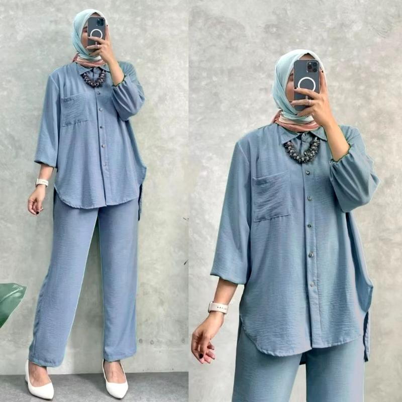 One Set Cargo Crinkle Airflow | Setelan Langan Panjang Celana Cargo Terbaru | Best Seller Kekinian Atasan dan Bawahan Ternyaman | One Set Korean Style All Size Fit To XL | terbaru Variasi Kulot Dewasa Tunik Baju Kancing Loose Linen 5