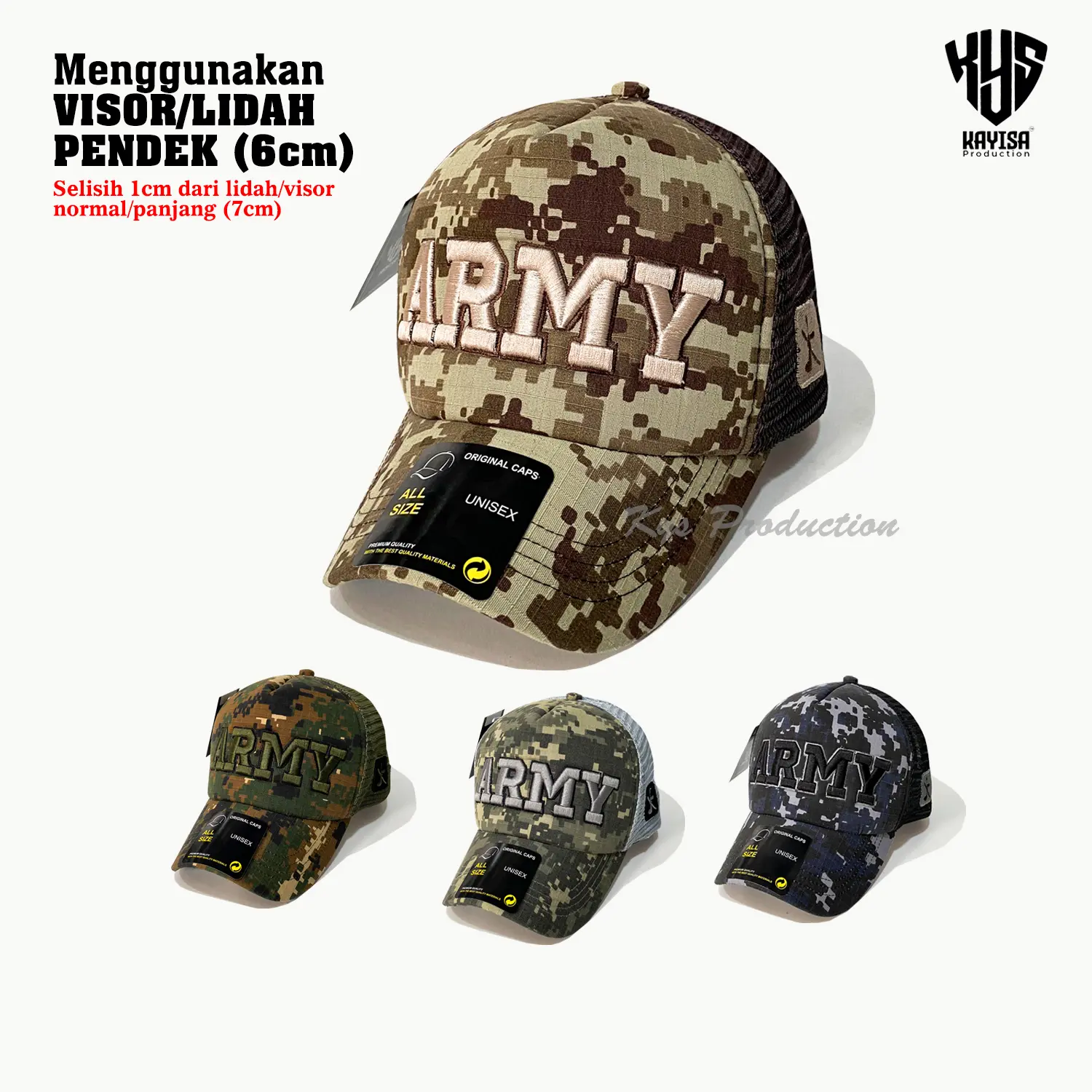 Topi Pria Full Bordir Motif Army-Jaring Bordir Pria Wanita Terbaru-Lidah/Visor Pendek Kekinian Viral