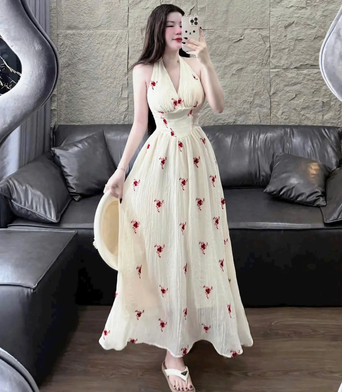 đầm váy maxi nữ thiết kế cổ V có mút in hoa xinh xắn cho các nàng diện đi chươi đi biển