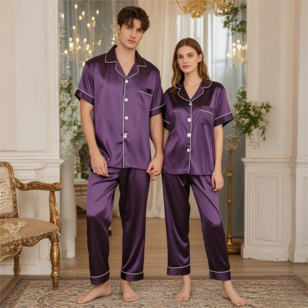 Top M-4XL Ice Silk Pajama Terno Purple Plain Short Sleeve Pajamas Homewear Lapel Suit Sleepwear Lounge Wear For Women（1 Set）Pajama Set Fabric（COD）Minimalist Womenswear Loungewear Pants Lingerie Pjs Trouser