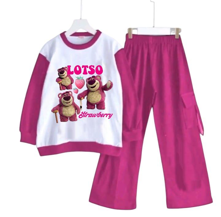 Setelan anak celana cargo karakter Lotso Bear Strawberry bahan crinkle kekinian setelan kaos panjang anak perempuan setelan  anak Setelan Baju 1