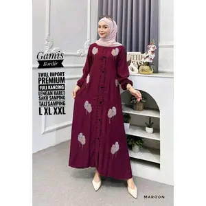GAMIS AISYAH BAHAN TWILL PREMIUM MIX BORDIR Kancing Karet Muslim Belah Samping Wudhu Zipper Dress Wanita