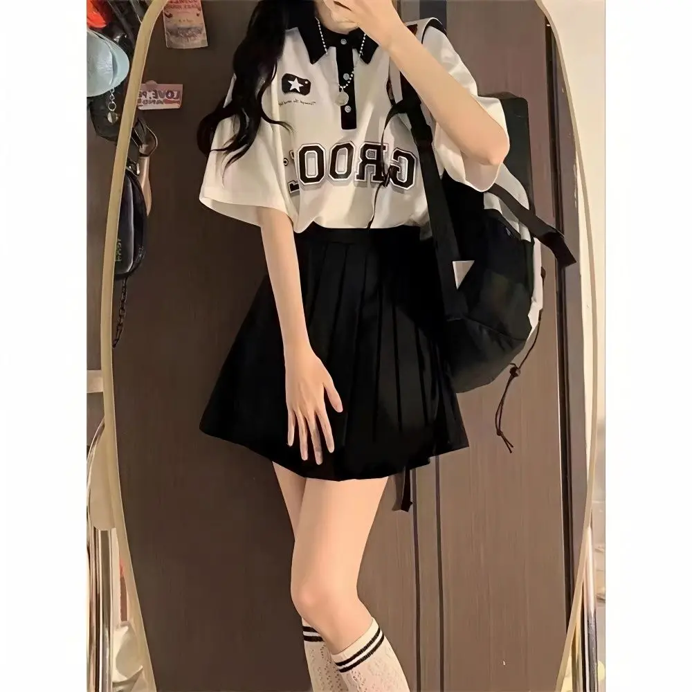 Áo Thun Ngắn Tay Có Cổ Polo Phong Cách Preppy Trẻ Trung Cho Nữ, Váy Xếp Ly Màu Đen, Bộ Đồ Hai Mảnh Dáng Rộng Mới Cho Học Sinh, Quần Áo Mùa Hè