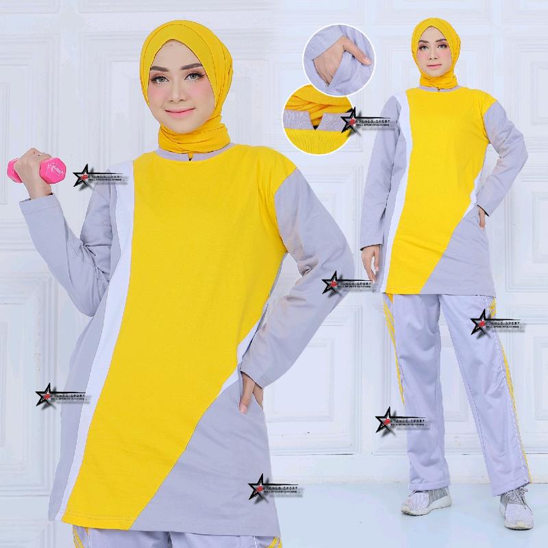 Setelan baju olahraga wanita tunik muslimah / setelan baju senam wanita Celana Muslim Panjang Wanita Sport Hitam Seragam Polos Atasan 2
