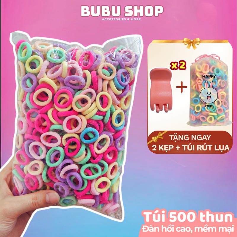   Tặng 2 Kẹp Đầu Bầu  500 sợi thun vải cột tóc trẻ em mềm mại nhiều màu sắc không đau tóc - Nữ Women Chun Len cột tó 