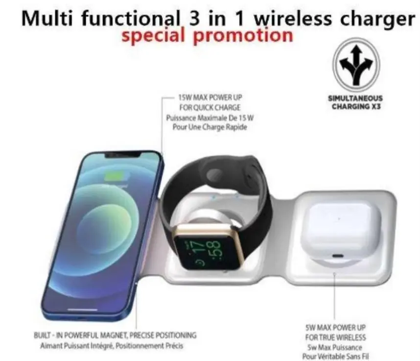 Magnetic Wireless Charger 3 In 1 Wireless Charging Station 15w Portable Mag-Safe Wireless Charger Stand Compatible with iPhone