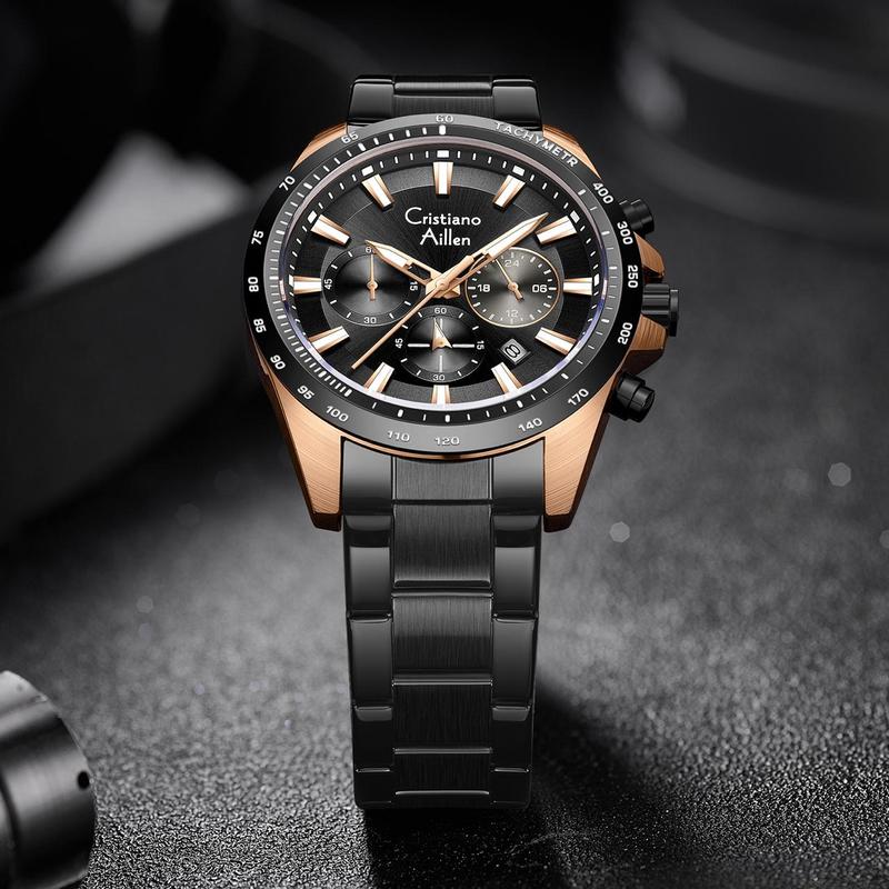 Cristiano Aillen Jam Tangan Pria Analog 8891 Rantai Stainless Steel Chronograph Kaca Sapphire Water Resistant 3 ATM Watches Waterproof 5