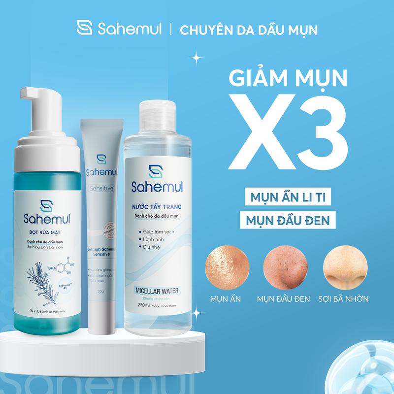 COMBO Nước Tẩy Trang Sahemul 250ml Bọt Rửa Mặt Sahemul 150ml & Gel Mụn Sahemul 20gr Cho Da Dầu Mụn Hỗ Trợ Giảm Mụn Ẩn Mụn Li Ti Đầu Đen Hỗ Trợ Làm Đẹp Da Chăm Sóc Da