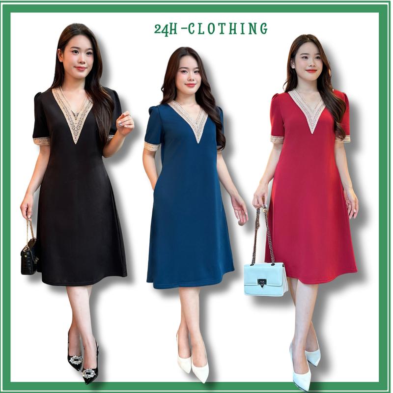  24H-CLOTHING Đầm Cổ Tim Phối Ren Mềm Mát V2 Size M Đến 3XL Phù Hợp 45-80kg Thoải Mái Cho Mọi Vóc Dáng Màu Đen Đỏ Đô Xanh Cổ Vịt 