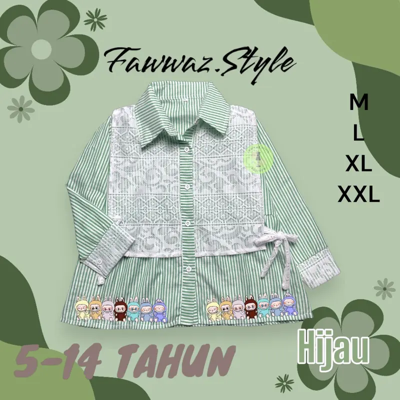 [Bisa COD] Kemeja Blouse Salur Mix Brokat ARUMI LABUBU Anak / Kemeja Salur Brokat Korean Style Anak Perempuan Fashion Viral Pakaian 3