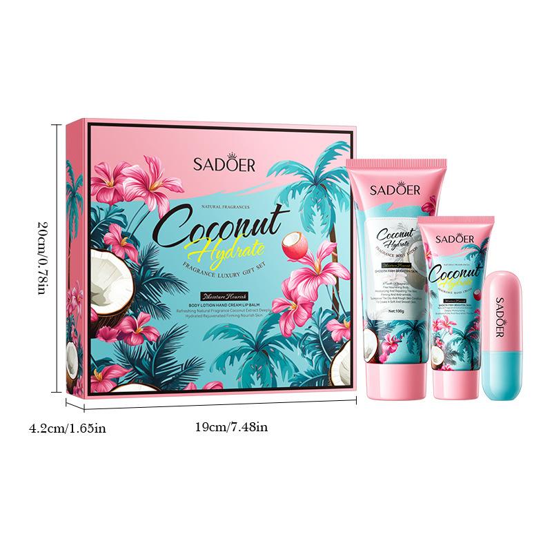 Hộp quà dưỡng ẩm cao cấp SADOER với hương thơm dừa: sữa dưỡng thể + kem dưỡng tay + son môi; tổng trọng lượng: 100 g + 30 g + 3,8 g