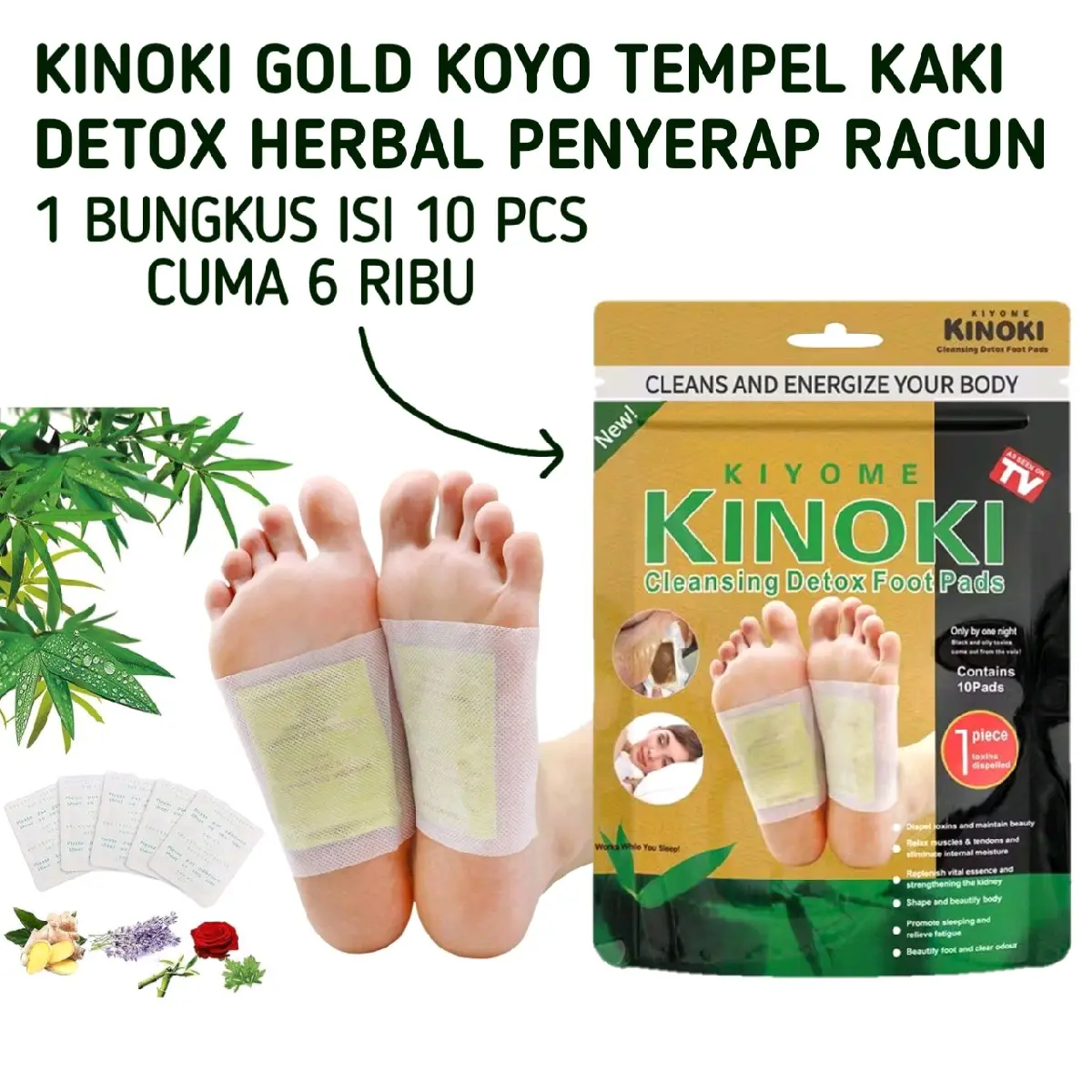 GiCollection - Kinoki Gold / Detox Herbal Penyerap Racun Dalam Tubuh Isi 10 PCS. Koyo Kaki Tradisional Herbal Termurah Bermanfaat Untuk Kesehatan Tubuh Pelancar Peredaran darah  Harga Termurah Foot Hand Patch Ginger Salt