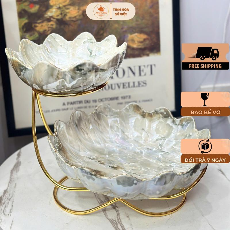  Khay sứ Đựng Hoa Quả Bánh Kẹo Vân Đá cao cấp 2 tầng khay Hoa To Decor Tết 