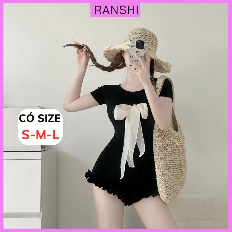 CÓ SIZE Jumpsuit Nữ Tay Ngắn Phối Nơ Quần Viền Bèo RANSHI Bikini Liền Thân Chất Thun Tăm Lạnh Co Giãn Bodysuit Đi Biển Đáng Yêu - RBS049