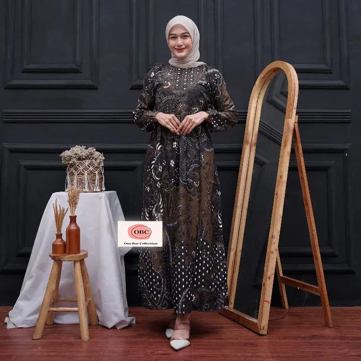 Gamis Lebaran Busui Bahan Katun Dress Murah All Size Batik Kondangan Poliester Hitam Navy Cantik Dewasa Kerah Putih Panjang Nyaman Muslim Bunga 1