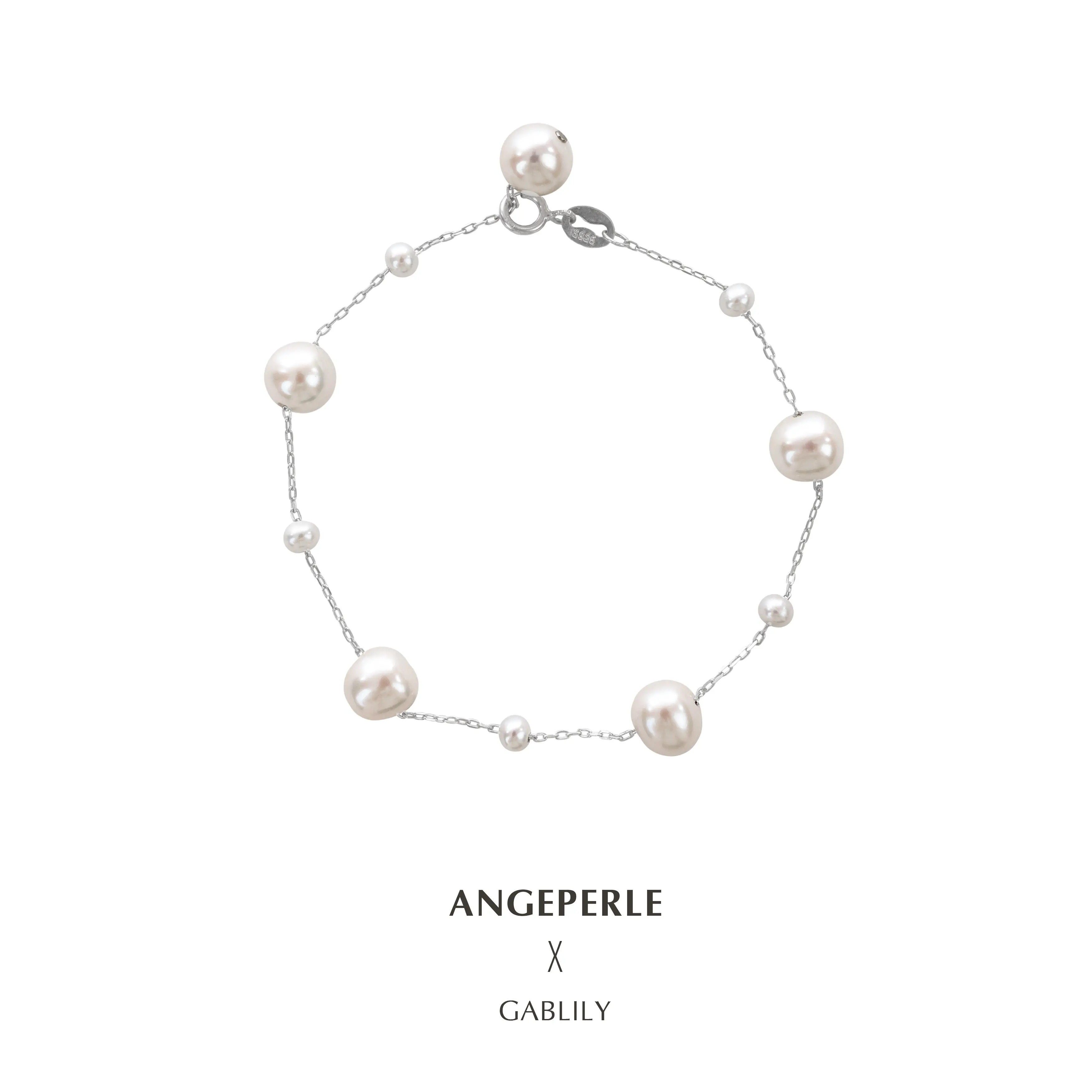 ANGEPERLE S925 Sterling Silver Freshwater Pearl Starry Sky Bracelet with Large and Small Pearls 3-4/7-8mm TSJCY226