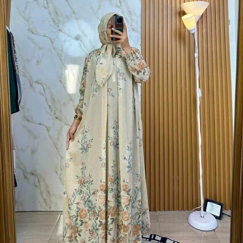 Dewi Dress Set Hijab Ceruty Digital Printing Motif Printing Cantik & Elegan Bahan Ceruty Nyaman untuk Wanita Muslim Formal Lebaran - Syari, Pashmina, Mewah 5