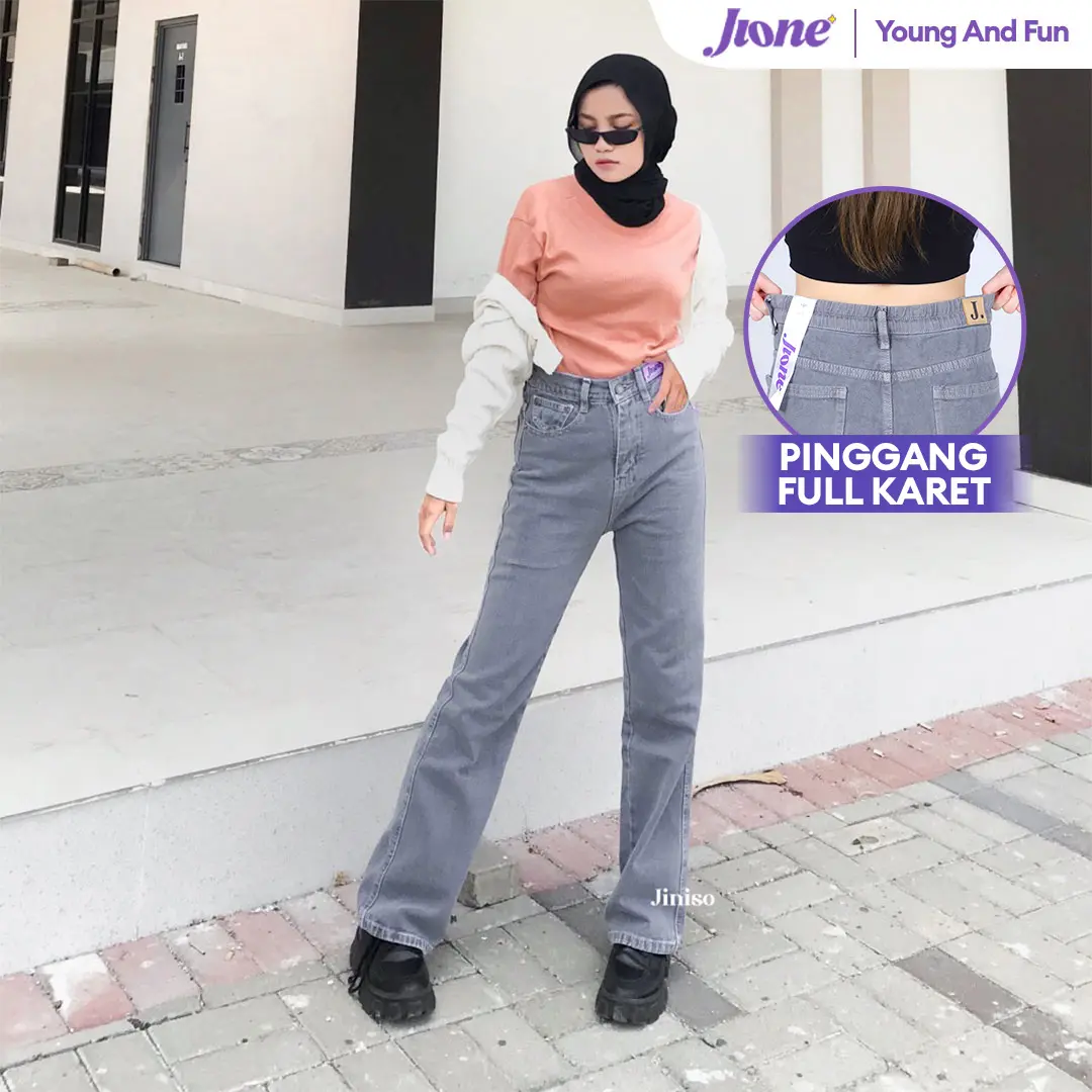 JINISO JIONE - 012 Loose High Waist Celana Jeans Wanita Warna Grey