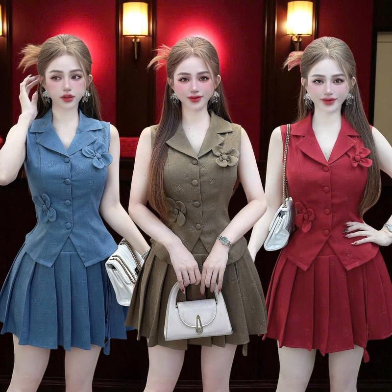 Set áo váy CRAZYTEEN S6570 gồm áo vest gile và chân váy xếp ly để đi chơi Áo kiểu nữ Chân váy Set đồ nữ đẹp