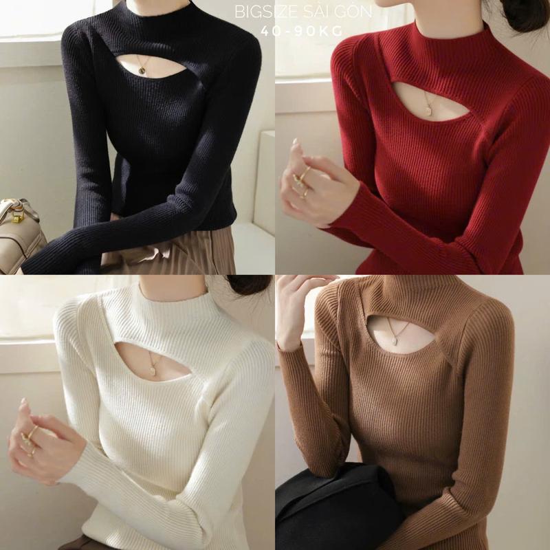  Áo Thun Nữ Tay Dài Phối Hở Ngực Vải Len Qc Mềm Mịn Cao Cấp Thanh Lịch Bigsize 45–90kg Dễ Thương Nữ Women Top Nhung - A.1656 