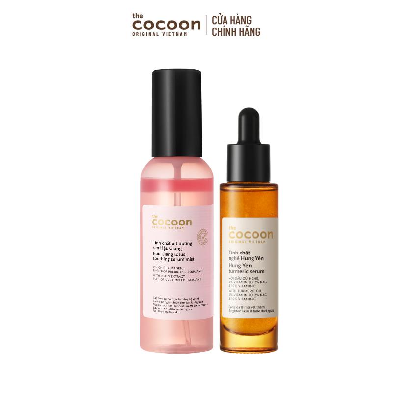 COMBO Serum dạng xịt cấp ẩm, căng bóng tự nhiên - Tinh chất xịt dưỡng sen Hậu Giang Cocoon 100ml + Tinh chất (serum) nghệ Hưng Yên C10 - 10% Vitamin C 30ml