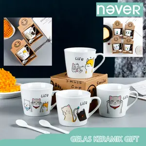NEVER Gelas Keramik Gift Set - Cangkir Kopi Lucu Kucing & Kaktus 200ml FREE Sendok Hadiah Premium Kitchenware Bubblewrap Extra Packing