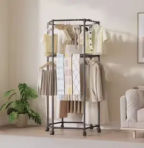 Rak Gantungan Baju Serbaguna Stand Cloth Hanger 2 Gawang 360°Stand Hanger Dengan 6 Roda Rak Gantung Baju Besi Putar Jemuran Pakaian Portable