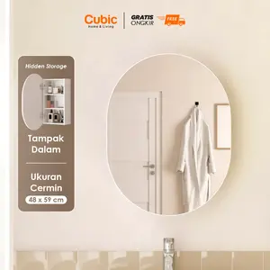 Cubic Cermin Bulat Kamar Mandi Minimalis / Rak Kaca Wastafel - GENIO VT 50