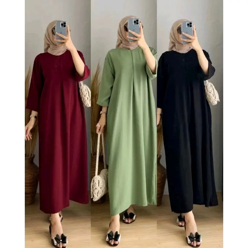 Daster Crinkle Airflow Polos Wanita Model Tangan 3/4 Gamis Busui Nyaman Panjang
