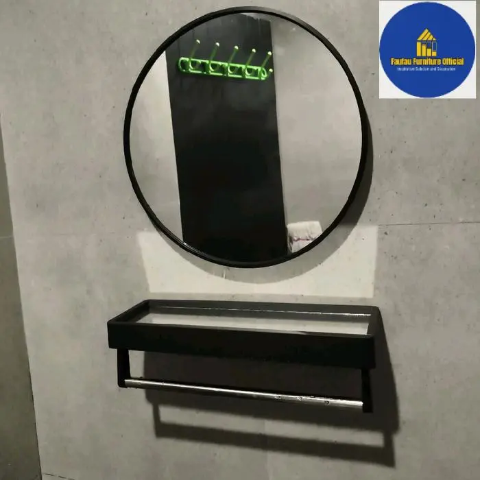 Cermin Dinding Bulat Bathroom Shelving Dengan Rak Ambalan Gantungan Handuk Kesan Aesthetic Mewah Premium 40 Cm - Black Original