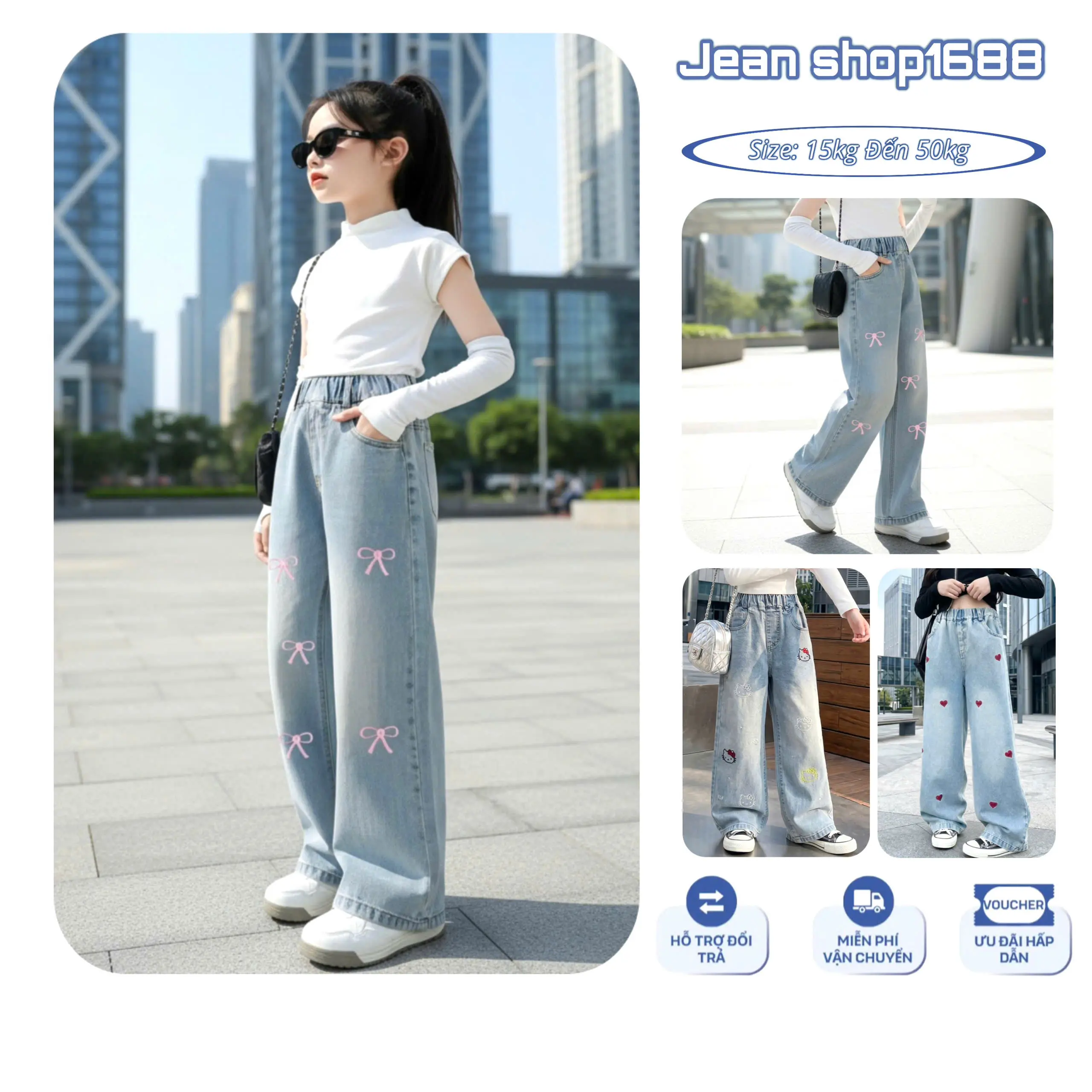 (16kg-50kg) Quần bò jean ống rộng bé gái thêu nơ hồng, màu xanh sáng rất sang chất và nổi bật cho bé 10 tuổi