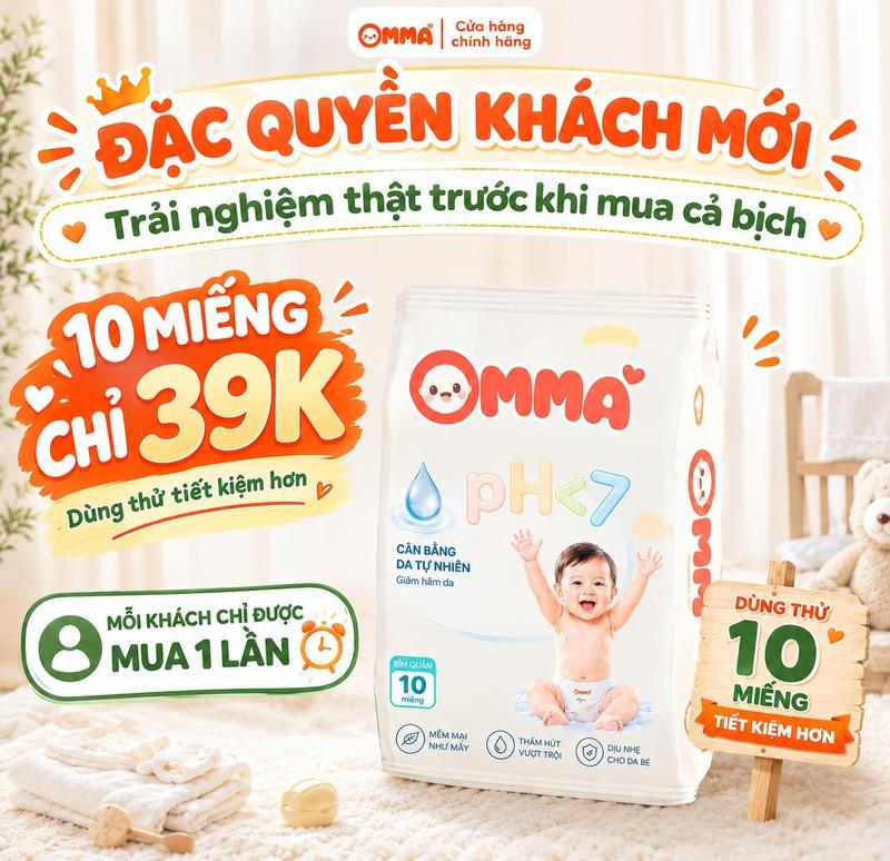 - 10 Miếng Tã Bỉm OMMA Care Cho Bé, Mềm Mại, Dịu Êm, Thấm Hút Tốt, Giảm Kích Ứng Da, Siêu Khô Thoáng Để Bé Thoải Mái Vui Chơi Cả Ngày, Đầy Đủ Các Size Cho Bé, Ưu Đãi Ra Mắt Có Hạn