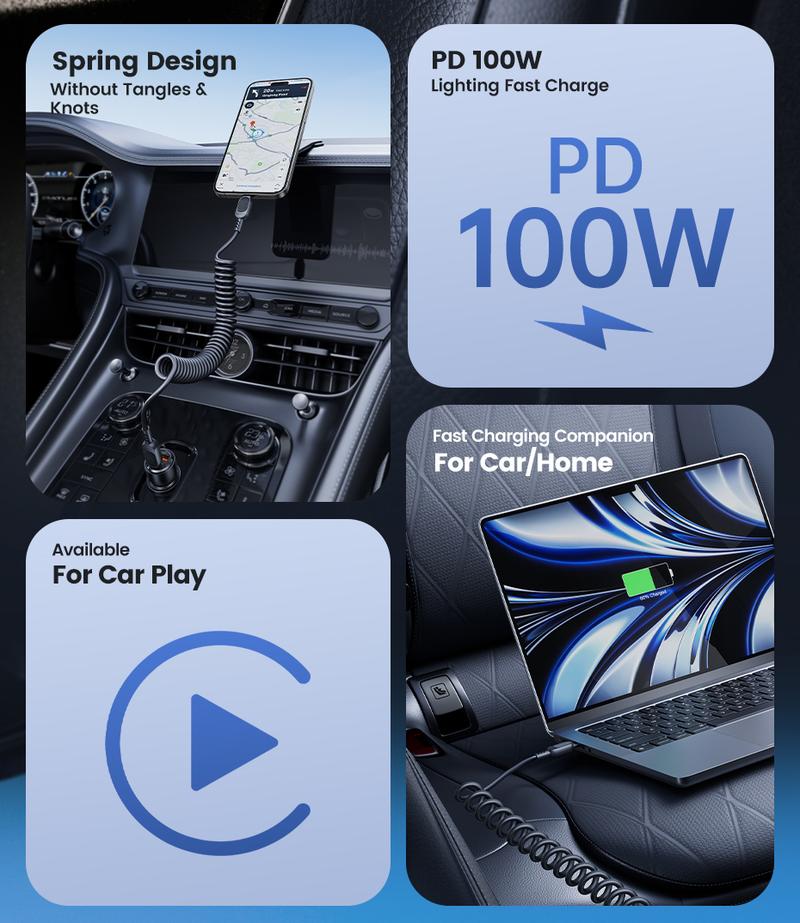 Product Introduction of Toocki PD100W Type C To Type C Spring Fast Charging Cable 6A USB A To Type C Fast Data Line A-L 20W C-L Car Charger Wire 1.8m 20