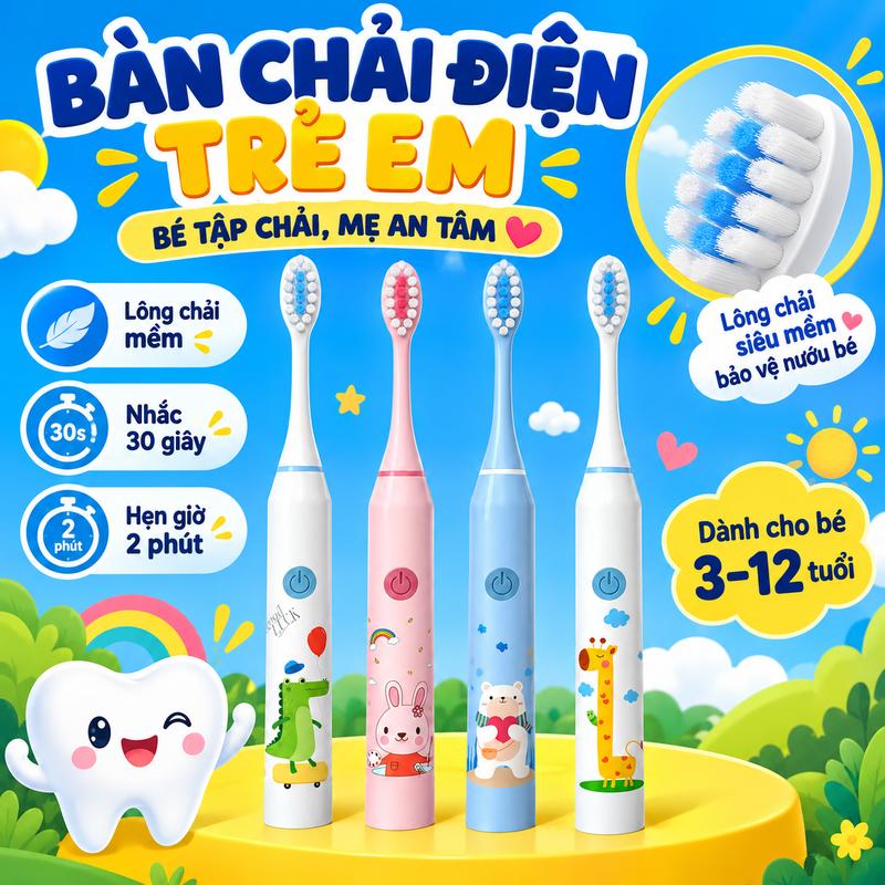 Bàn chải đánh răng điện cho trẻ em với chức năng sạc tự động, chống nước, phù hợp cho bé sơ sinh, trẻ nhỏ, học sinh tiểu học và cả bé trai lẫn bé gái, với lông bàn chải mềm để bảo vệ nướu.