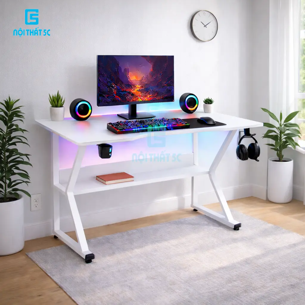 [Nội Thất 5C] Bàn Gaming Chân Chữ K và Chữ K uốn cong (Bản nâng cấp) Sắt Hộp 2x4cm Sơn Tĩnh Điện Mặt Gỗ MDF 15mm, Nhiều Phiên Bản Phụ Kiện Đi Kèm Gồm Giá Đựng Cốc & Giá Treo Tai Nghe Tiện Lợi