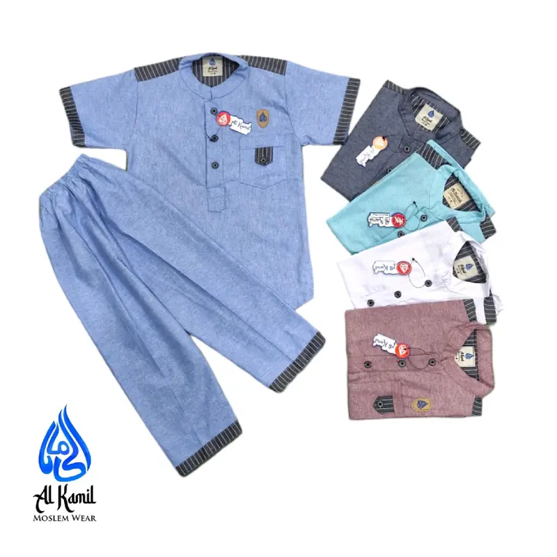 Setelan Kokokurta Anak Laki-Laki Bahan Katun Oxford dengan (Variasi Salur) Atasan Baju Muslim Lembut Celana Panjang Nyaman Kain Kombinasi Pendek 0