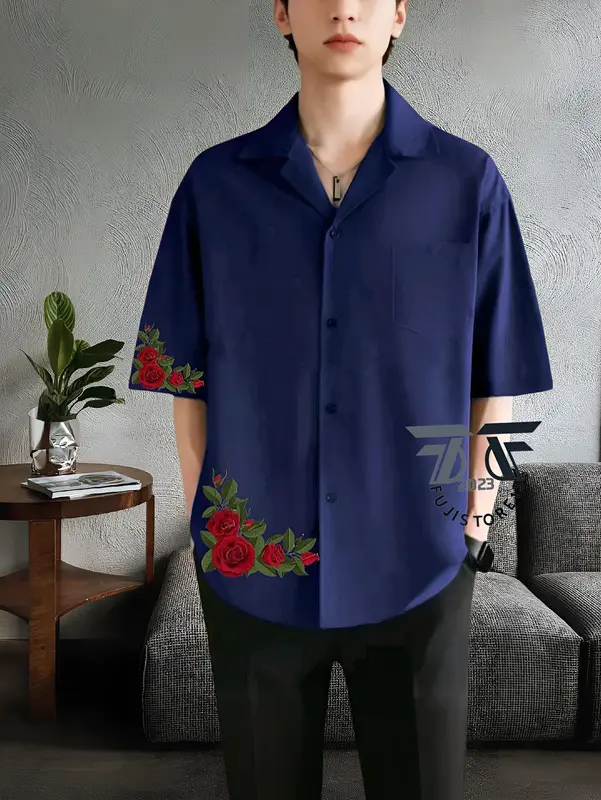 Kemeja Vintage Pria Lengan Pendek Polos Motif Hawai Roses Korean Style Bahan Katun - Kemeja Kerah Piyama 5