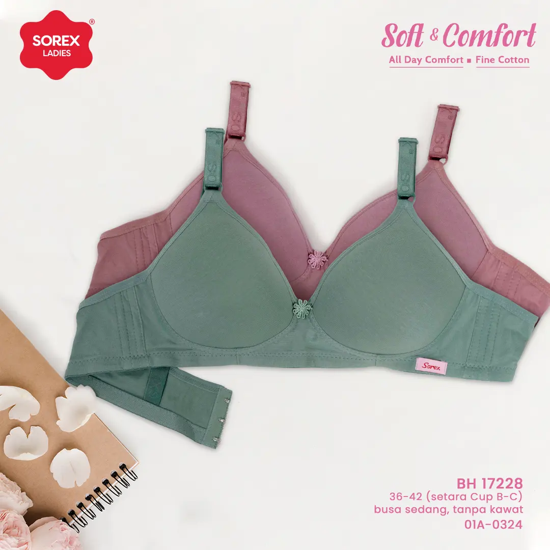 Sorex Bra Super Soft Busa Tanpa Kawat Cup Besar Kait 3 Cup B-C BH  Harian 17228 Tipis Lembut